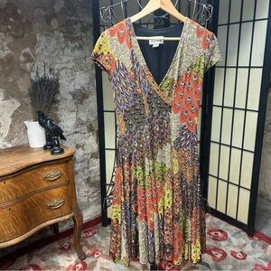 VNT 90s Joseph Ribkoff Peacock Print Wrap V-Neck Multicolor Midi Dress: Size 6